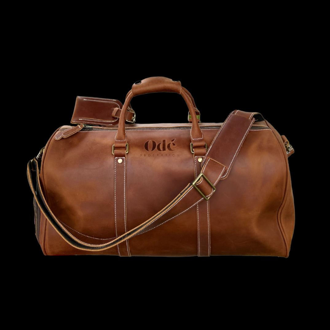 front of ode federation leather duffle bag